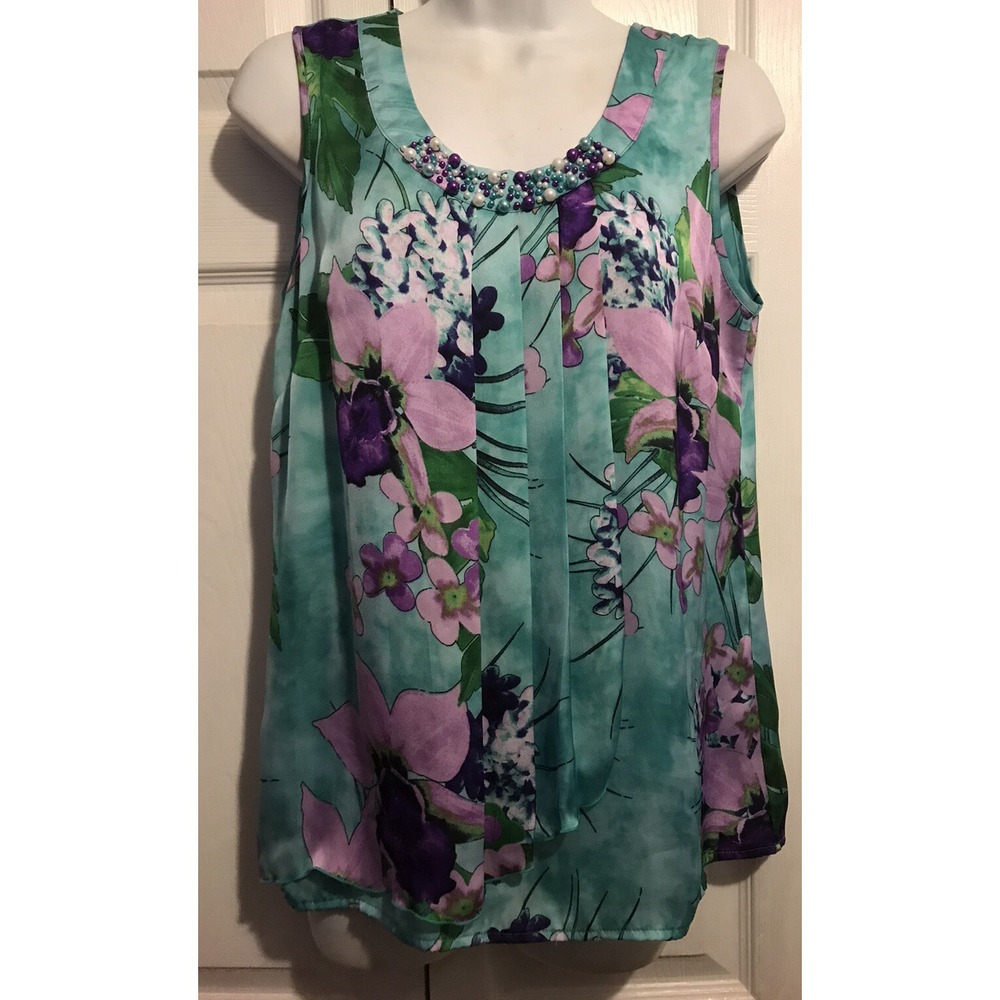 New Directions tank cami beaded floral purple turquoise size small s top